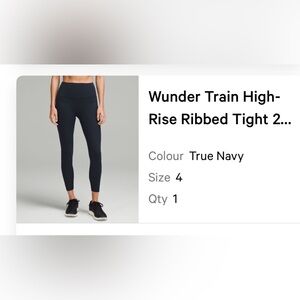 NWT Lululemon size 4 Wunder Train 25 inch tight, navy in color